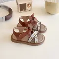 Elegantes sandalias de princesa marrones para niñas con lazo de gasa y bordados florales - Talla 21 (13.7cm) / Marrón