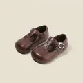 Classic brown T-strap girls' Mary Jane leather shoes featuring soft non-slip rubber soles - Size 37 / Inner 22.6cm / T-Strap Buckle Style (8810) / Brown