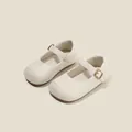 Elegant beige Mary Jane leather shoes for girls featuring a round toe and adjustable buckle strap - Size 22 (Inner Length 14.5cm) / Ankle Strap Buckle Style (5701) / Beige