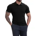 Detailed view of a premium men's slim fit black short sleeve polo shirt on a male model - S / Tops / Black