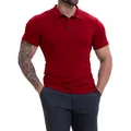 Detailed view of a slim fit red short sleeve Polo shirt for men with breathable fabric - S / Tops / Burgundy