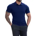 Dettaglio di una polo da uomo blu scuro slim fit traspirante con colletto a risvolto - Blu