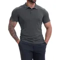 Detail view of a men's breathable dark grey short sleeve polo shirt with a slim fit - S / Tops / Dark Gray