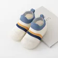 Breathable mesh baby walk socks featuring blue and yellow stripes and soft white anti-slip sole - Insole Length 11cm / Blue