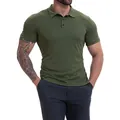 Close-up of a men's olive green short-sleeve polo shirt showing the fit and texture. - S / Tops / Army Green