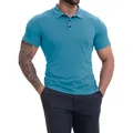Dettaglio di una polo blu petrolio vestibilità slim in tessuto traspirante di qualità. - Celeste