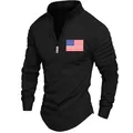 Detail view of black men's quarter-zip polo with pleated sleeves and American flag patch - S / Tops / Black
