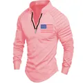 Detail view of pink men's polo with pleated sleeves and American flag chest logo. - S / Tops / Pink