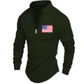 Detailed view of dark green polo shirt featuring pleated sleeves and a US flag - Army Green