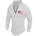 View showing the unique pleated arm design and US flag patch on white stand collar polo - White