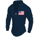 Detail of navy blue men's quarter-zip polo shirt with pleated sleeves and USA flag - Navy Blue