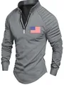Detailed view of a grey men's long-sleeve polo shirt with pleated sleeves and a US flag chest print - S / Tops / Gray