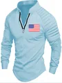 Detail of men's blue quarter-zip polo shirt with ribbed sleeves and US flag patch - Sky Blue