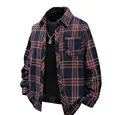 Front detail view of a navy and red plaid flannel shirt layered with a black T-shirt - S / Tops / Navy Blue