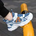 Blue and white breathable mesh children's sneaker with orange accents and Velcro strap. - 28 / White and Blue Mesh