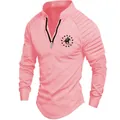 Detail of pink men's long sleeve Polo shirt with pleated shoulders and zipper collar. - Pink