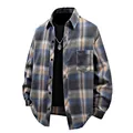 Detail of blue and brown plaid long-sleeve shirt with vintage flannel texture - S / Tops / Gray
