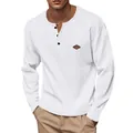 High-quality detail of men's white waffle knit long-sleeve Henley shirt with black buttons - S / Tops / White