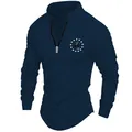 Close-up of pleated sleeves and zipper detail on men's navy blue stand-collar polo shirt - S / Tops / Navy Blue