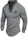 Close-up of gray men's Polo shirt featuring pleated shoulder details and half-zip. - S / Tops / Gray