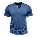 Close-up of a blue short-sleeved Henley t-shirt with slub cotton texture and white buttons - Denim Blue
