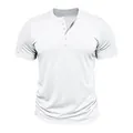 Primo piano dello scollo Henley e della trama in cotone fiammato di questa t-shirt - Taglia S / Top / Bianco