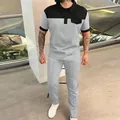 Tuta da uomo casual in maglia a nido d'ape con polo color-block e pantaloni coordinati - Grigio