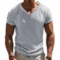 Close-up of men's summer short sleeve Henley shirt with breathable slub texture - S / Tops / Light Gray