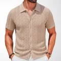 Men's stylish casual beige knitted polo shirt featuring a unique textured jacquard pattern - M / Tops / Khaki