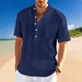 Detalle de camisa Henley de manga corta en lino flameado azul marino para hombres - S / Tops / Azul marino