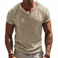 Detailed view of a men's beige Henley t-shirt featuring premium textured slub linen fabric - S / Tops / Khaki