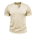 Men's vintage beige short sleeve Henley neck T-shirt with slub cotton texture fabric - Khaki