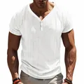 Macro view of white short-sleeve Henley shirt featuring breathable slub fabric texture - S / Tops / White