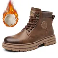 Hochwertige warm gefütterte Herren-Martin-Boots aus braunem Leder mit robuster dicker Sohle - Braun Fleecegefüttert