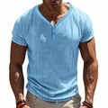 Light blue short sleeve Henley shirt with breathable slub texture for men's casual wear. - S / Tops / Light Blue