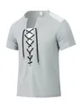 Close-up of grey waffle knit men's t-shirt featuring a black lace-up V-neck design - Light Gray