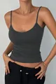 Detailed close-up of a dark grey slim-fit camisole tank top with thin straps on a model - S / Tops / Gray