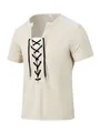 Detail of men's beige waffle knit t-shirt featuring a stylish lace-up neckline design - S / Tops / Khaki