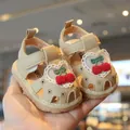 Adorables sandalias beige para bebé niña con bordado de cereza y suela blanda para niños - Talla 16 (Longitud Interior 11,5 cm) / Caqui