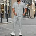 Luxe grijze zomerse herenset met overhemd met knopen en bijpassende lange broek - S / Grijs