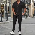Heren set van wafelhemd met korte mouwen en broek in zwart, moderne look - S / Zwart