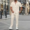 Herren Sommer Creme strukturierte Kurzarm Hemd und passende Hose zweiteiliges Set - Khaki