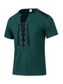 Detailed view of dark green waffle knit t-shirt with black lace-up front and metal eyelets. - Dark Green