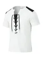 Detailed front view of men's waffle knit short sleeve t-shirt with black lace-up design - S / Tops / White