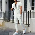 Ensemble décontracté en maille gaufrée pour homme avec haut à lacets et pantalon - Blanc