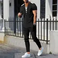Ensemble deux pièces décontracté en tricot gaufré noir pour hommes avec col à lacets mode - Noir