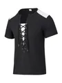 Close-up of black waffle knit T-shirt featuring contrast white panels and lace-up front - S / Tops / Black