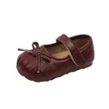 Elegant burgundy girls' Mary Jane princess shoe with front bow detail and hook-and-loop strap - Burgundy