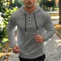 Detailansicht graues Herren Leinen Langarm-Kapuzenshirt mit Knopfleiste - Dunkelgrau
