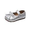 Elegant silver toddler girl's Mary Jane princess shoes with pleated toe and bow detail - Silver